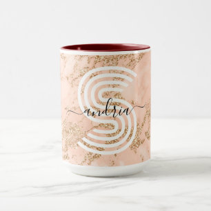 Caneca Mármore Brilho Dourado Rosa, Nome em Rascunho Mono