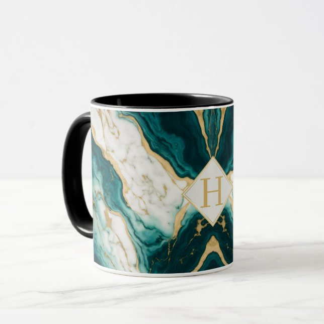 Caneca Mármore Clássico em Azul Teal e Dourado Letra H (Frente Esquerda)