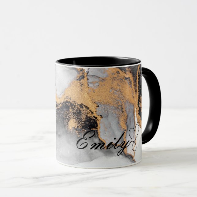 Caneca Mármore Preto e Dourado de Aquarela de Luxo Person (Frente Esquerda)