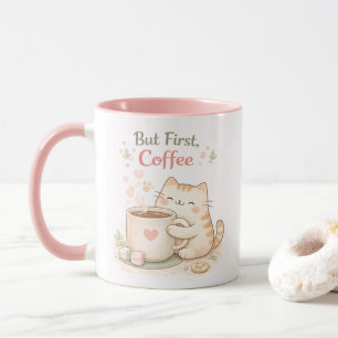 Caneca Mas Primeiro Café Kawaii Gato Fofo Doce Rosa