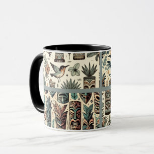 Caneca Máscaras e Pássaros Tiki Tropicais Vintage Verde C