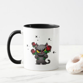 Caneca Mau Black Cat Segurando Rosas Legal estrelas escur