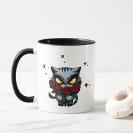 Caneca Mau Black Cat Segurando Rosas Legal estrelas escur