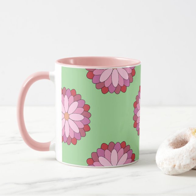Caneca Medalhão Verde-Asiático Pastel Rosa Floral (Com Donut)