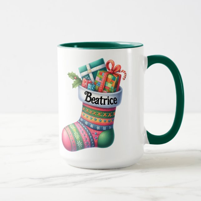 Caneca Meia de Natal Rosa e Verde Divertida Personalizáve (Direita)