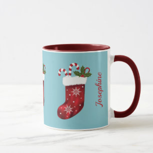 Caneca Meias de Natal Vermelhas em Azul com Nome Personal