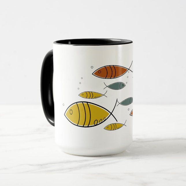 Caneca meio século Moderno MCM Padrão de Nadação de Peixe (Frente Esquerda)