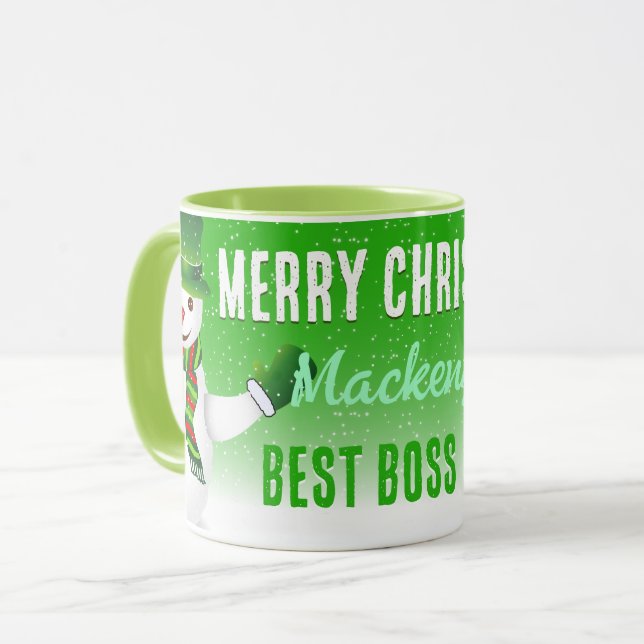 Caneca Melhor Chefe do Mundo com Snowman no Natal GREEN (Frente Esquerda)