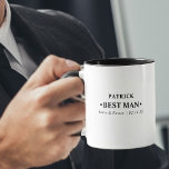 Caneca Melhor Homem Negro e Branco Personalizado<br><div class="desc">Caneca personalizada para seu melhor homem na design de tipografia moderna e minimalista. O nome modelo está pronto para você adicionar o nome do melhor homem, os nomes da noiva e noiva e a data do casamento. Este design tem uma paleta de cores preta e branca. Navegue na nossa loja...</div>