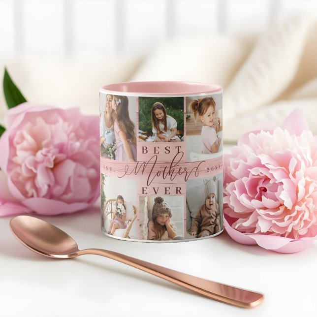 Caneca Melhor Mãe Alguma Vez Colagem Fotográfica Rosa De  (Best Mother Ever Photo Collage Pink Woodgrain Mug)