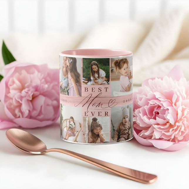 Caneca Melhor Mãe Alguma Vez Da Família Fotográfica Colla (Best Mom Ever Family Photo Collage Pink Woodgrain Mug)