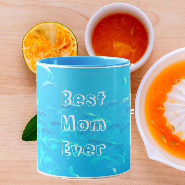 Caneca Melhor Mãe do Mundo Ever Aqua Azul Cardume de Peix (Best Mom Ever Aqua Blue School of Fish in Ocean Mug)