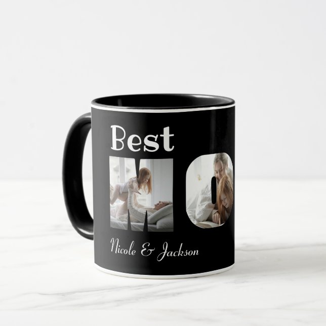 Caneca Melhor Mãe Moderna 3 Fotos Colagem Preta (Frente Esquerda)