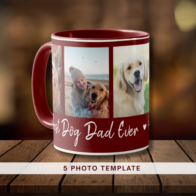 Caneca Melhor Pai De Cachorro Alguma Vez Pet 5 Colagem Fo (Best Dog Dad Ever Pet 5 Photo Collage Maroon Mug)