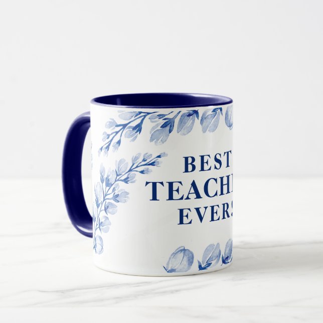Caneca MELHOR PROFESSOR CADA VEZ bonito de aquarela azul  (Frente Esquerda)