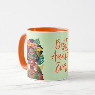 Caneca Melhor Tia Negra Mulher, Flores Tropicais e Papaga