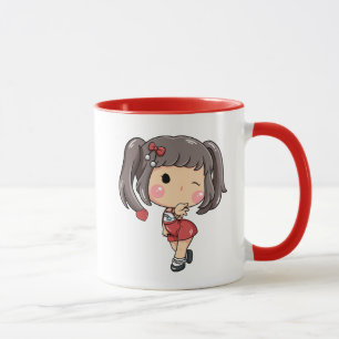Caneca Menina Chibi Fofa Piscando com TrançasKawaiiCartoo