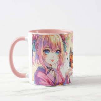 Caneca Menina de animação segurando uma borboleta