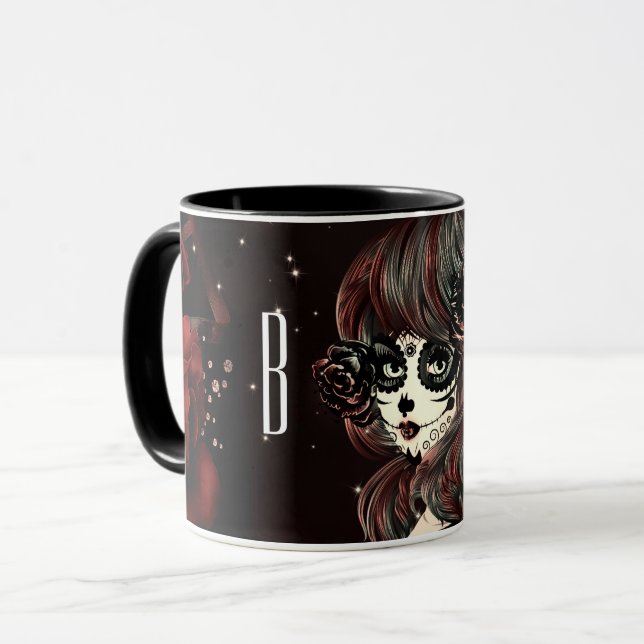 Caneca Menina de Caveira Açucarida Rosas Vermelhas e Pret (Frente Esquerda)
