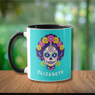 Caneca Menina de Crânio de Açúcar Floral Brilhante Person