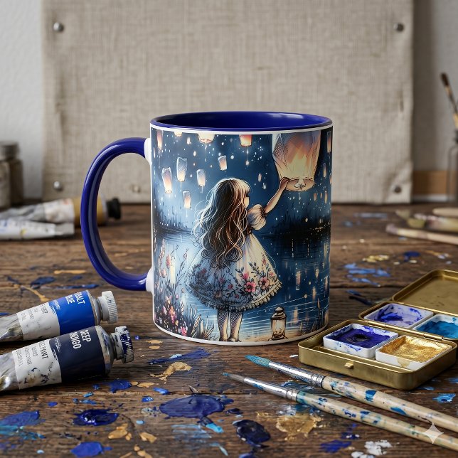 Caneca Menina do Lago de Lanterna Celeste Caprichosa  (Whimsical Sky Lantern Lake Girl  Mug)