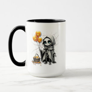 Caneca Menina Esqueleto Fofa com Balões de Abóbora