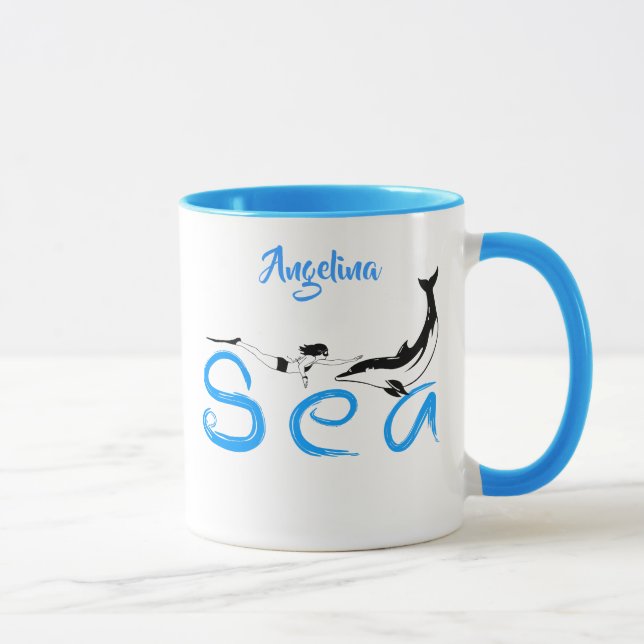 Caneca Menina, golfinho, divertida e elegante mar persona (Direita)