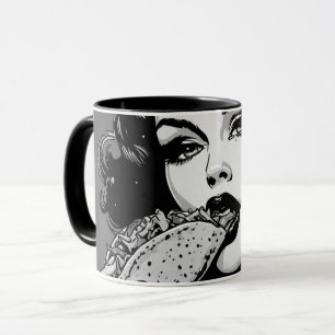 Caneca Menina Gótica dos Anos 50 em Estilo Gráfico BW Com