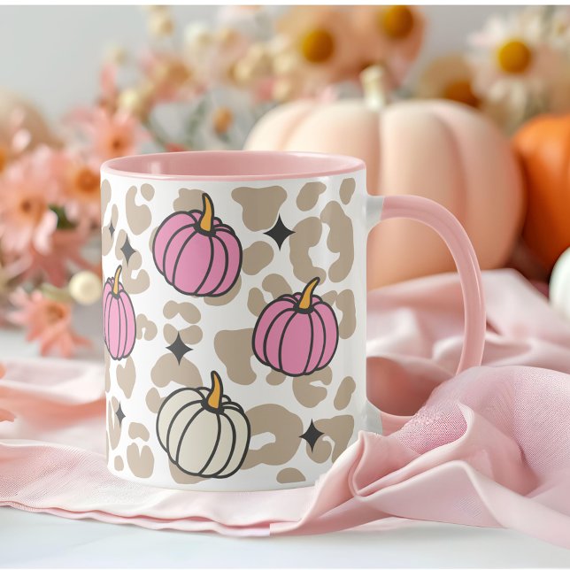 Caneca Menina Leopardo Rosa e Pumpkins Branca no Hallowee (Girly Leopard Pink and White Pumpkins Halloween Mug)