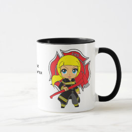 Caneca Menina loura do sapador-bombeiro de Kawaii