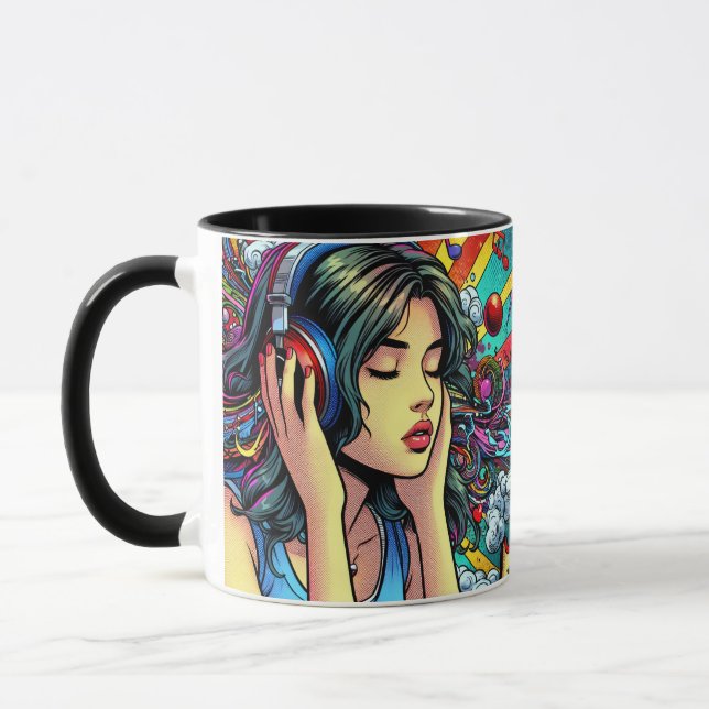 Caneca Menina ouvindo música em Fones de ouvido Psicodéli (Esquerda)