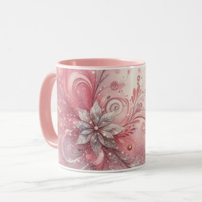 Caneca Menina Rosa Brilho Flor Brilhante (Frente Esquerda)