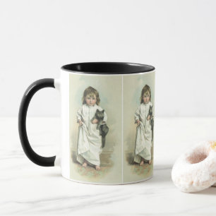 Caneca Menina Vitoriana Antiga em Camisola com seu Gato