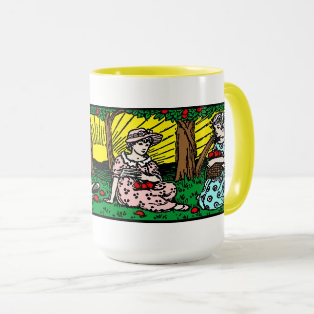 Caneca Meninas da Era Vitoriana Antiga Colhendo Maçãs (Frente Esquerda)