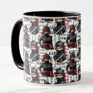 Caneca Meninas Ninja Anime com Design de Padrão de Texto