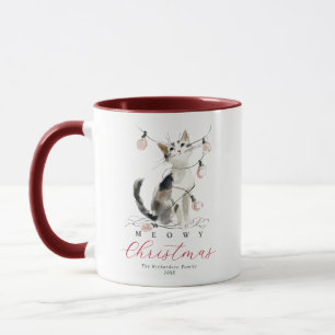 Caneca Meowy Natal Gato Aquarela Luzes Nome Personalizado