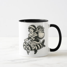 Caneca Mère Noël rétro sur fusée en sucre d’orge.