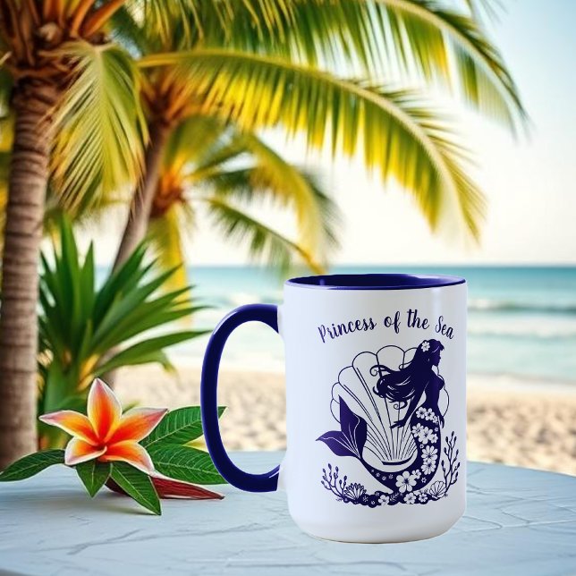 Caneca Mermaid-Princesa do Mar Havaiana (Hawaiian Mermaid Tropical Flowers Sea Shells Coral, Summer Beach, Fisherman Trend Mug)