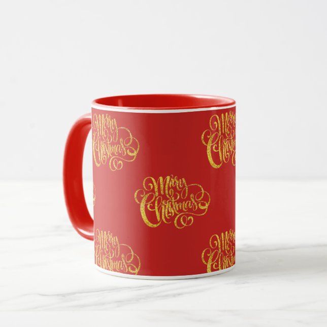 Caneca Merry Christmas com Caligrafia em Ouro Fals (Frente Esquerda)