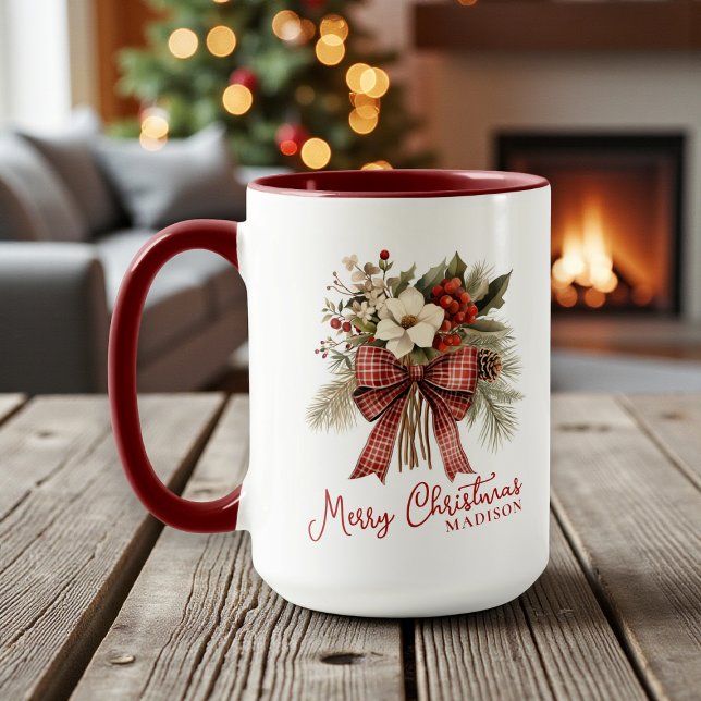 Caneca Merry Christmas Elegant Floral Personalized Name (Criador carregado)