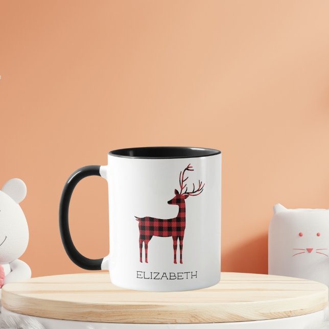 Caneca Merry Christmas Reindeer Xadrez Gift Black Café (Criador carregado)