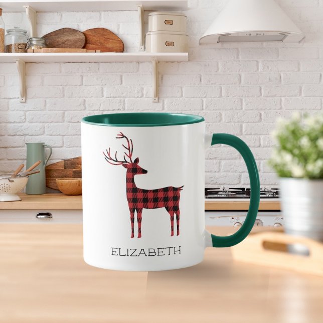 Caneca Merry Christmas Reindeer Xadrez Gift Green Café (Criador carregado)