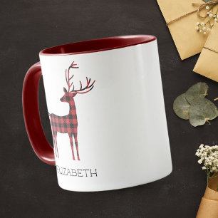 Caneca Merry Christmas Reindeer Xadrez Gift Maroon Café