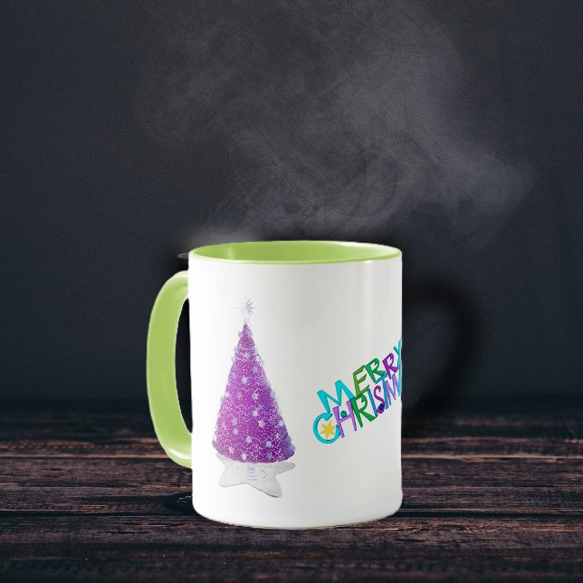Caneca Merry Christmas Sparkle Pink silver Trees (Merry Christmas pink trees on star rug silver star decorations on holiday coffee mug.)