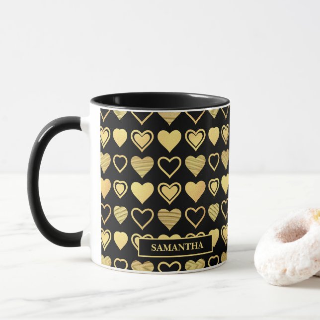 Caneca Metallic Gold Accent Hearts Valentine’s Gift (Com Donut)