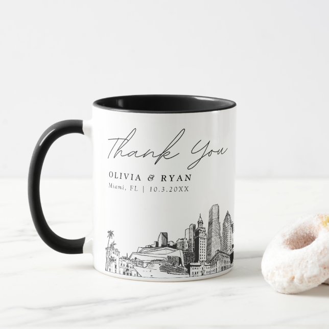 Caneca Miami Sketch Simples Casamento Personalizado Coffe (Com Donut)