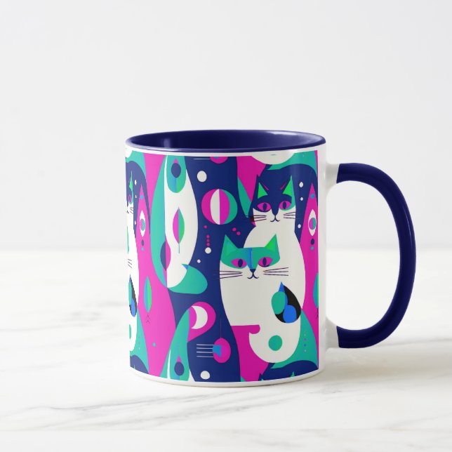 Caneca  Mid-Century Modern Cats on a Dark Blue Background (Direita)