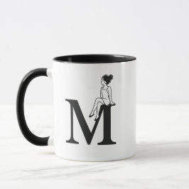 Caneca Minimal Letter M Mug with Elegant Girl Illustratio