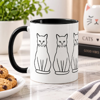 Caneca Minimalist Cat Line Art Black and White Coffee Mug