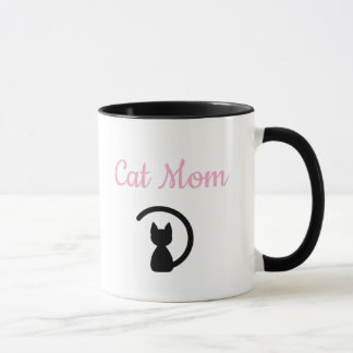 Caneca Minimalist Pink Cat Mom Script Black Cat Silhouett